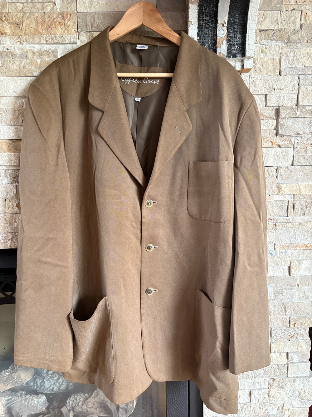 Cypress Grove 100% silk gabardine brown button front blazer pockets notch lapel